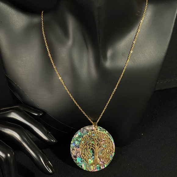 Tree of Life-Stainless Steel Natural Abalone Shell Necklace (Gold Color) - Picture 9 of 9